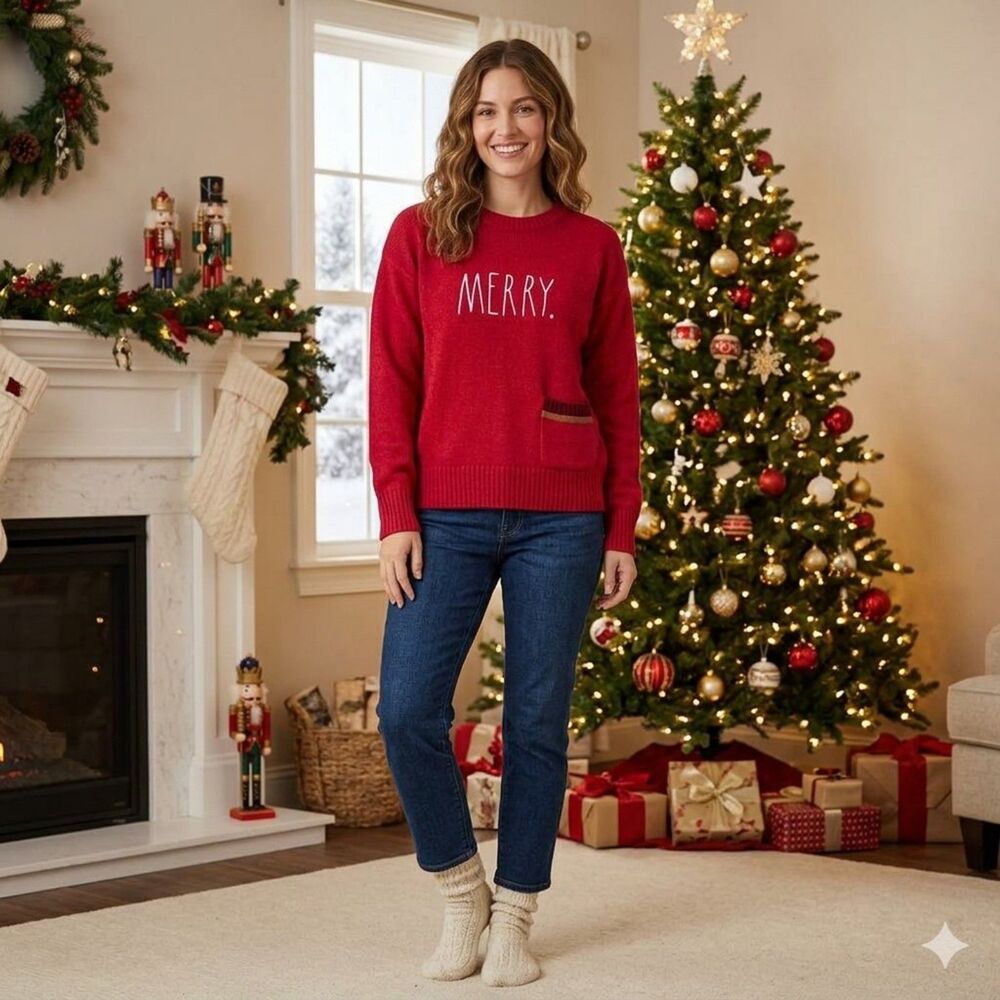 Rae Dunn Merry Christmas sweater red knit crewneck holiday pullover size M